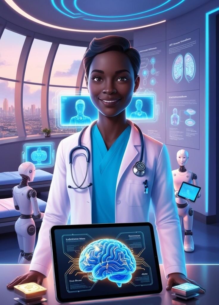 AI-powered doctor character displaying brain data on a tablet, illustrating the role of artificial intelligence and machine learning in healthcare for diagnosing and analyzing patient information