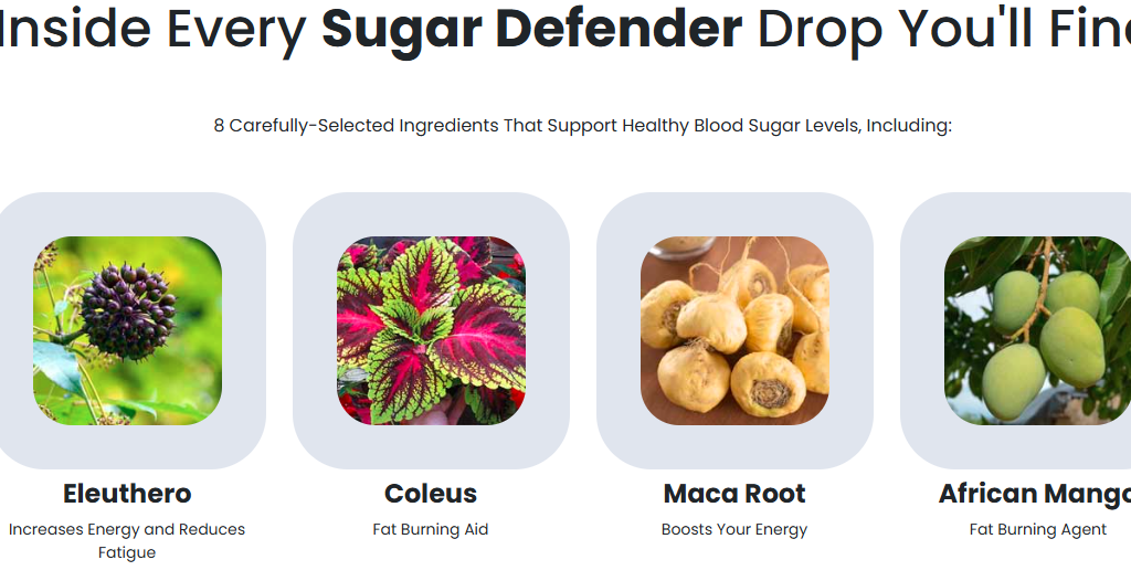 Key ingredients of Sugar Defender supplement displayed, highlighting its natural components for supporting healthy blood sugar levels.