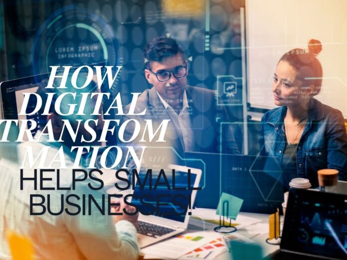 Illustration showing how digital transformation helps small businesses leverage technology for growth and efficiency.