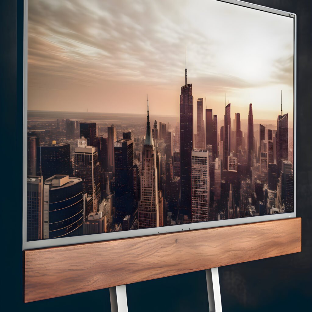 A sleek 4K TV with a 65-inch screen in a cozy living room