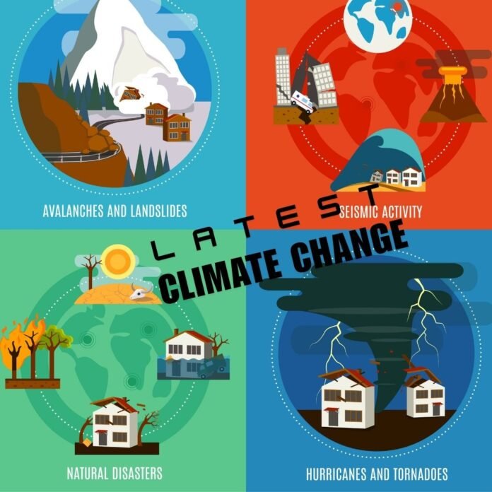 Infographic illustrating the impact of climate change, featuring melting ice caps, extreme weather events, and renewable energy solutions, highlighting key findings from the climate change report 2024.