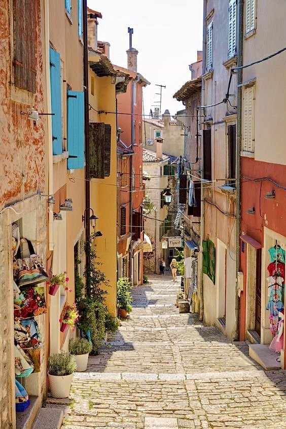 The colorful streets of Rovinj, Croatia, by the Adriatic Sea.