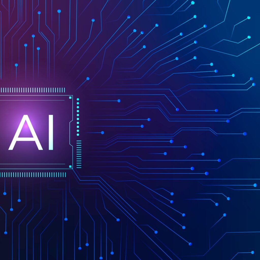 Futuristic AI processor chip with glowing circuit board connections, symbolizing the top AI tools revolutionizing technology in 2025.