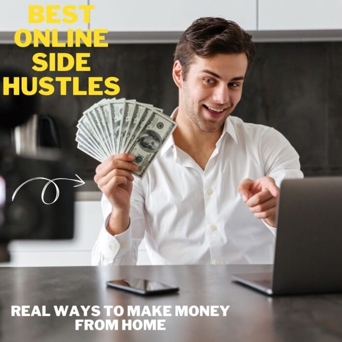 Young man in a white shirt sitting at a modern kitchen counter, holding a fan of dollar bills in one hand and pointing at a laptop with a cheerful smile. Text overlay reads ‘Best Online Side Hustles: Real Ways to Make Money from Home.’ Represents financial success through online side hustles in 2025.