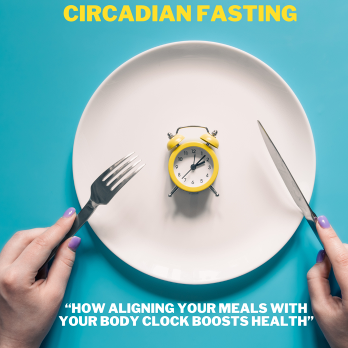 Image showing two hands holding a fork and knife over a white plate with a yellow clock in the center, indicating time. The background is blue, and the title 'Circadian Fasting: How Aligning Your Meals with Your Body Clock Boosts Health' is written on the image.