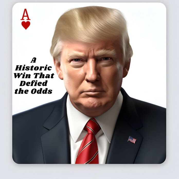 Donald Trump depicted as the Ace of Hearts playing card, symbolizing his historic and unexpected victory in the 2024 elections. The caption reads: 'A Historic Win That Defied The Odds,' emphasizing his triumphant return to power and his promise to Make America Great Again.