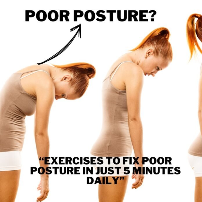 A visual representation of poor posture improvement, showing a woman transitioning from slouched to upright posture. Learn the best poor posture exercises to fix your posture in just 5 minutes daily.