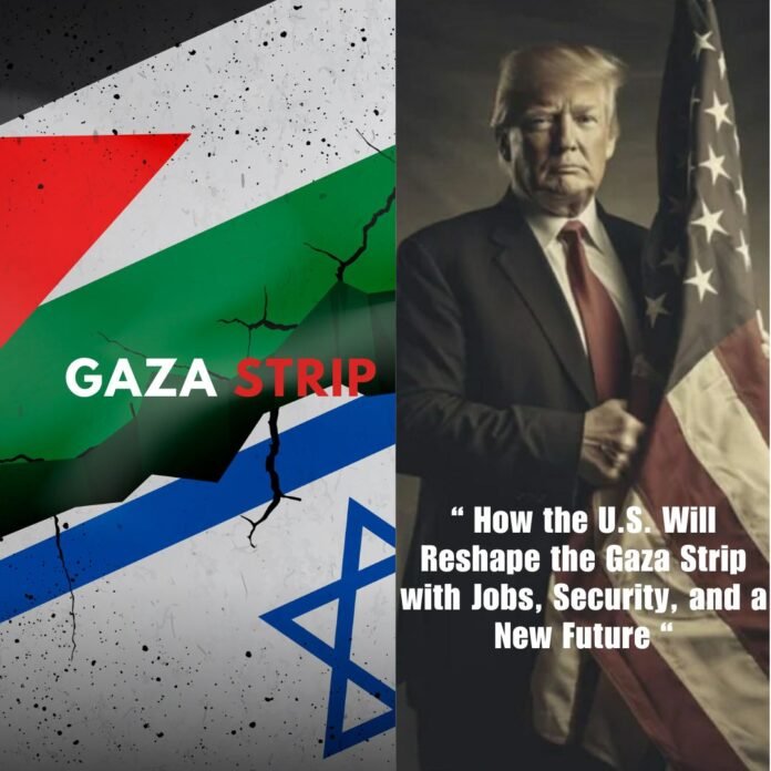 Map showing the Gaza Strip between Palestine and Israel with President Trump holding the American flag on the right, symbolizing the U.S. role in the Gaza reconstruction plan