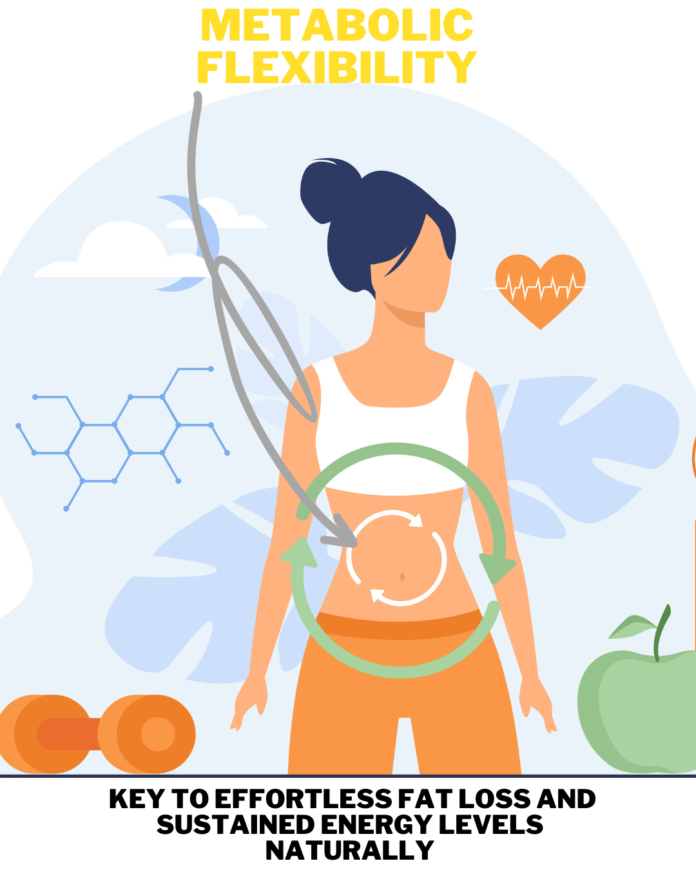 Illustration of a fit woman with a metabolism diagram highlighting metabolic flexibility. The image features health-related icons, including a heartbeat symbol, molecular structure, and healthy foods like an apple and dumbbells. Text emphasizes the benefits of metabolic flexibility for effortless fat loss and sustained energy levels naturally.