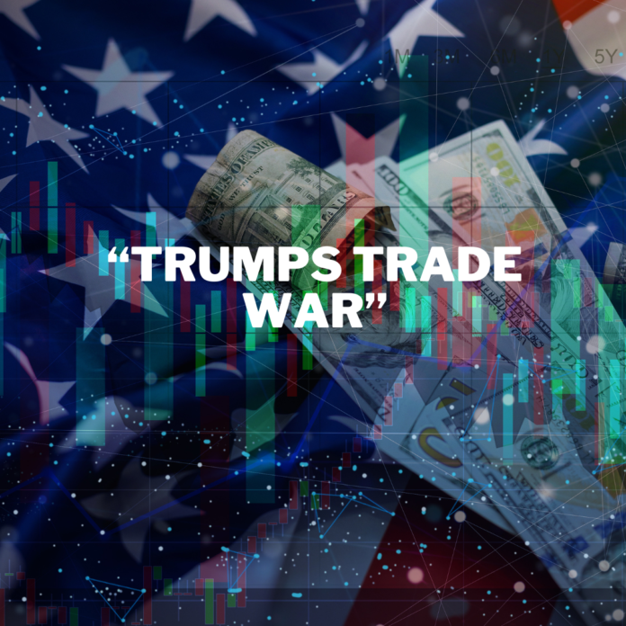 An artistic digital composite depicting the impact of Trump's Trade War. The background features the American flag, with stock market candlestick charts and financial graphs overlaying it. Rolled-up U.S. dollar bills and international currency notes symbolize global economic tensions and financial fluctuations caused by the trade war.