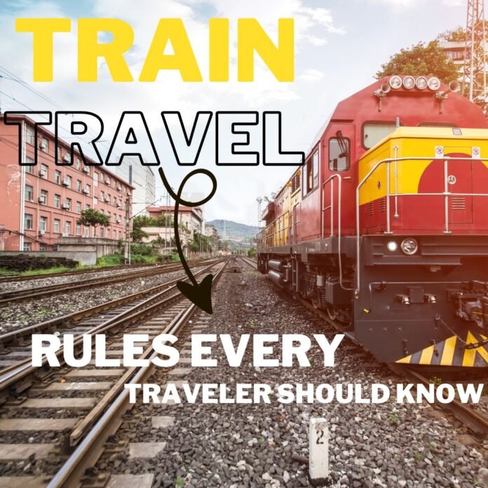 A red and yellow train on railway tracks with the text 