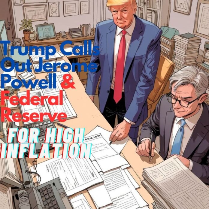 President Donald Trump standing and speaking, while Federal Reserve Chair Jerome Powell sits nearby, reviewing a stack of documents. The image captures a moment of tension and discussion surrounding Trump's criticism of the Fed's handling of inflation and interest rates.