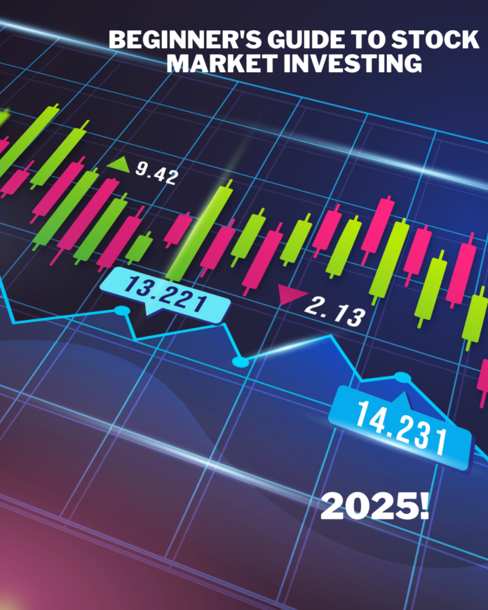 Stock market chart with red and green candlesticks on a blue background, representing the dynamics of stock market investing in 2025 for beginners.