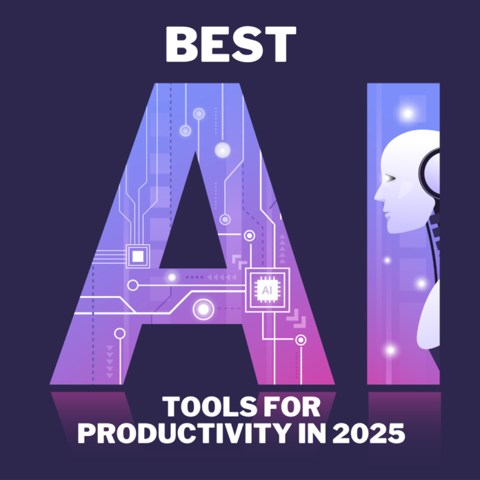 Best AI Tools for Productivity in 2025 – Futuristic digital design featuring AI circuits and a robotic face, representing artificial intelligence and automation.