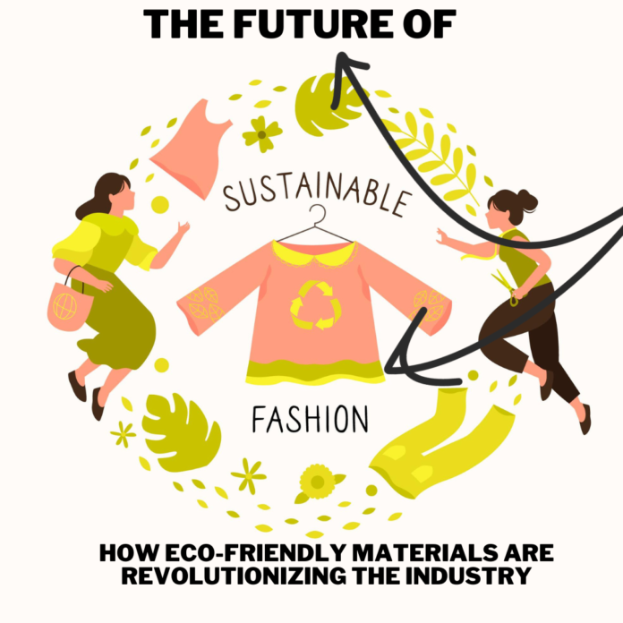 Circular motion of clothing surrounding two women, with a sweater on a hanger at the center labeled 'Sustainable Fashion.' The title 'The Future of Sustainable Fashion in 2025: How Eco-Friendly Materials Are Revolutionizing the Industry' is written on the image.