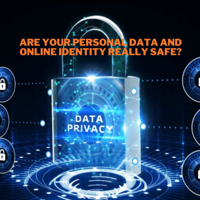 Holographic technology lock symbol with 'Data Privacy' in the center, and the text 'Are Your Personal Data and Online Identity Really Safe?' highlighting the importance of protecting personal data in 2025.