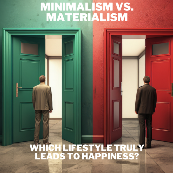 A visually striking split-image showing two doors—one green symbolizing minimalism and the other red representing materialism. Two men stand before each door, depicting the choice between a simple, intentional life and a consumer-driven lifestyle. The text asks, 'Which Lifestyle Truly Leads to Happiness?' highlighting the contrast between the two paths.